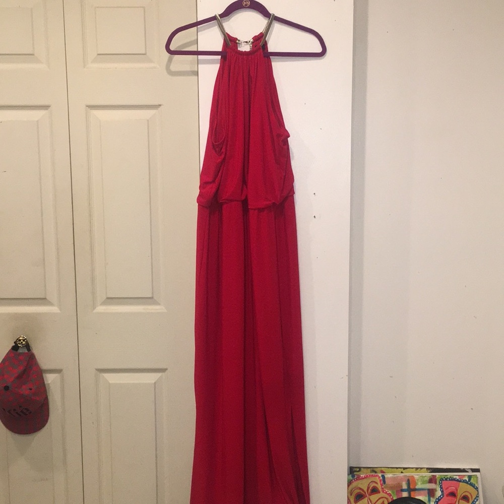 Red Evening Gown with Necklace Trim